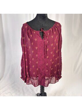 Boutique Maroon Floral Boho-chic Sheer Long Sleeve Tunic, Lace Details, Plus Siz